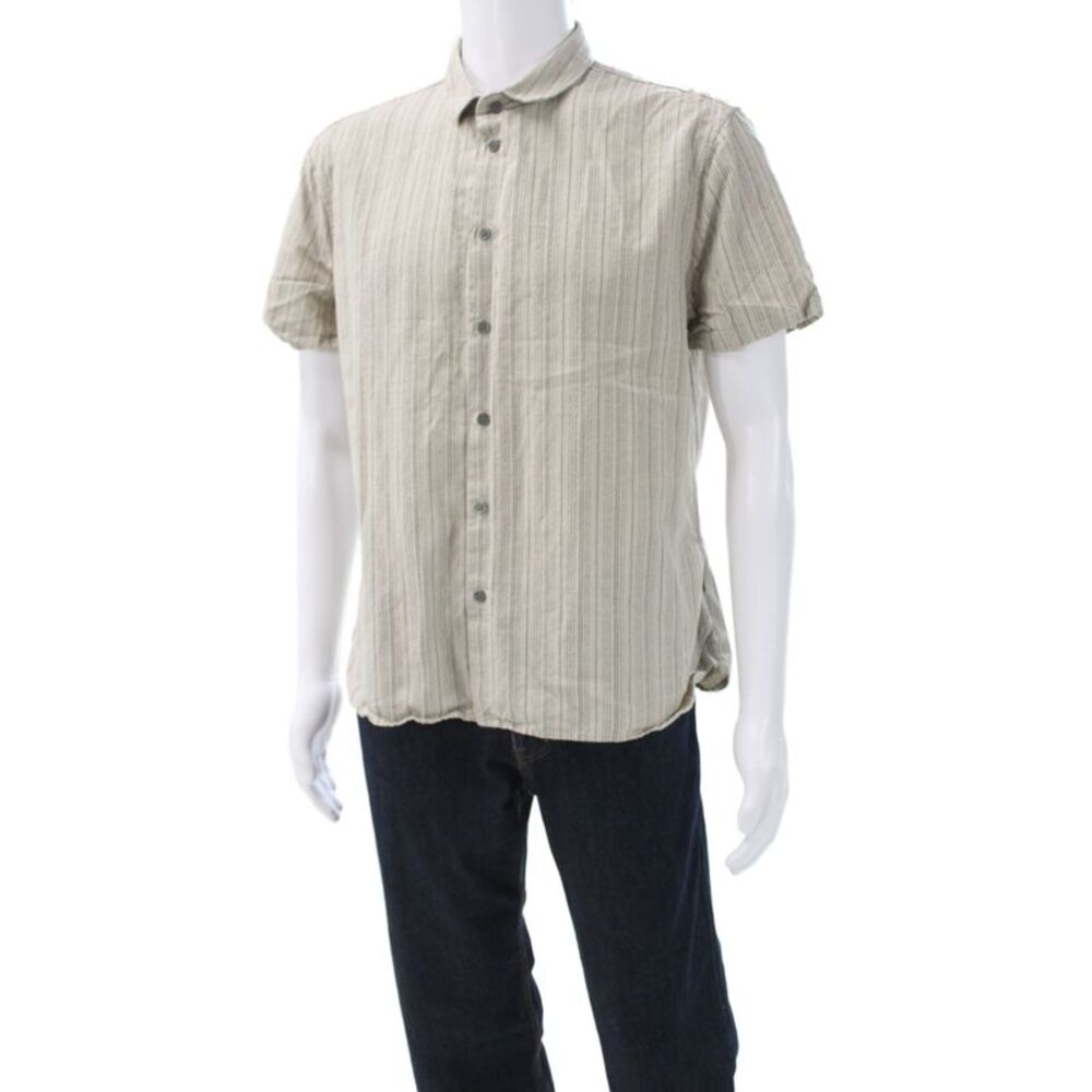 John Varvatos Mens Striped Short Sleeve Button-Down Shirt Beige Size L